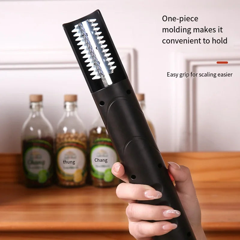 Portable waterproof electric fish scaler by WinniHouse, showing the device with its sleek design and cleaning surface.