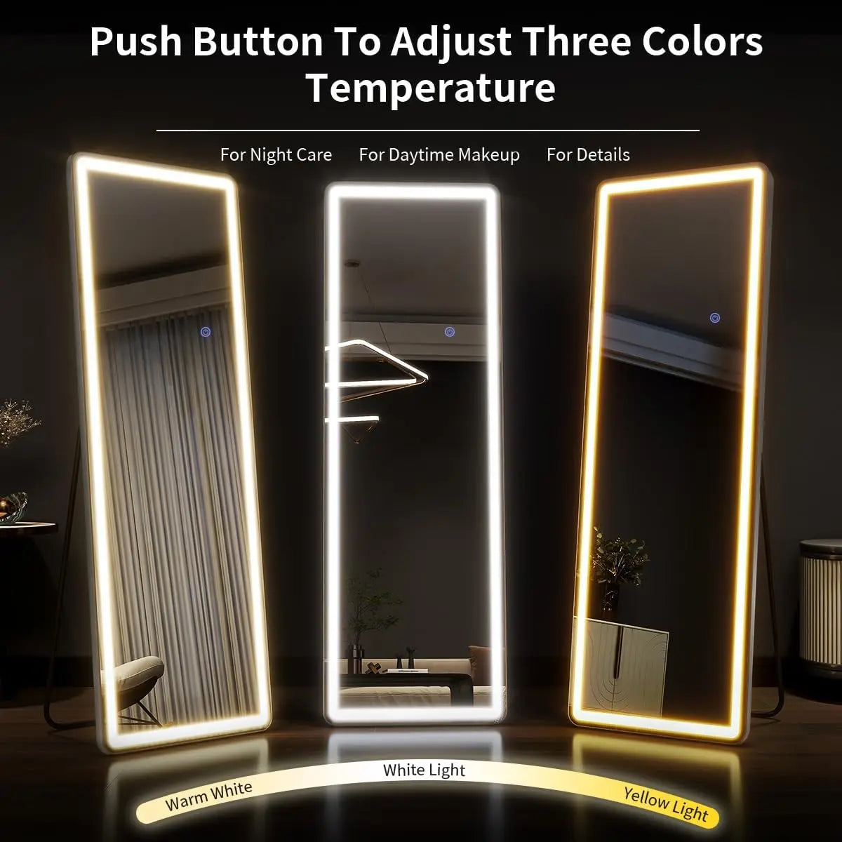Full-length LED mirror by WinniHouse with adjustable lighting and three color temperature options, measuring 63x20 inches.