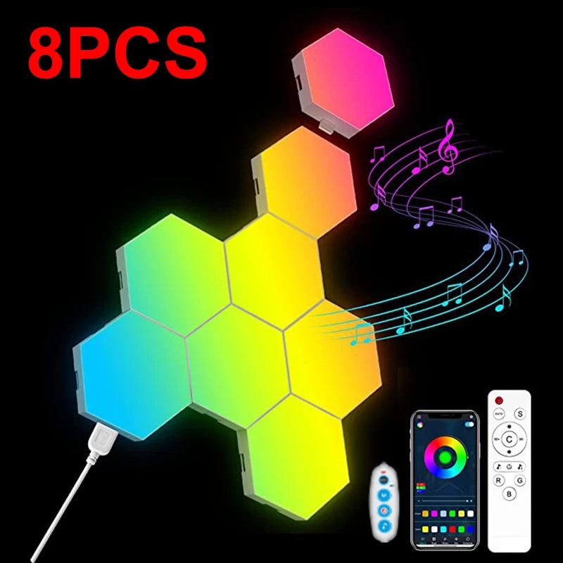 Hexagonal RGB LED light with Bluetooth from WinniHouse, showing colorful illuminated panel with control features.