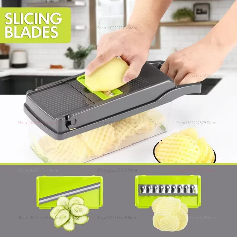 Portable WinniHouse vegetable chopper with multiple blades for efficient vegetable cutting and food preparation.