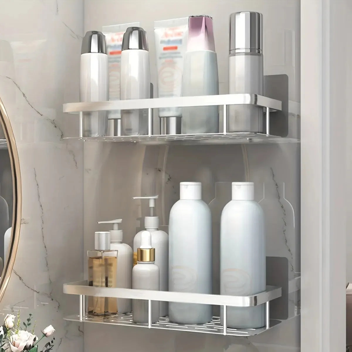 WinniHouse bathroom wall storage shelf for shower, chrome organizer for shampoo and bathroom accessories, wall-mounted design.