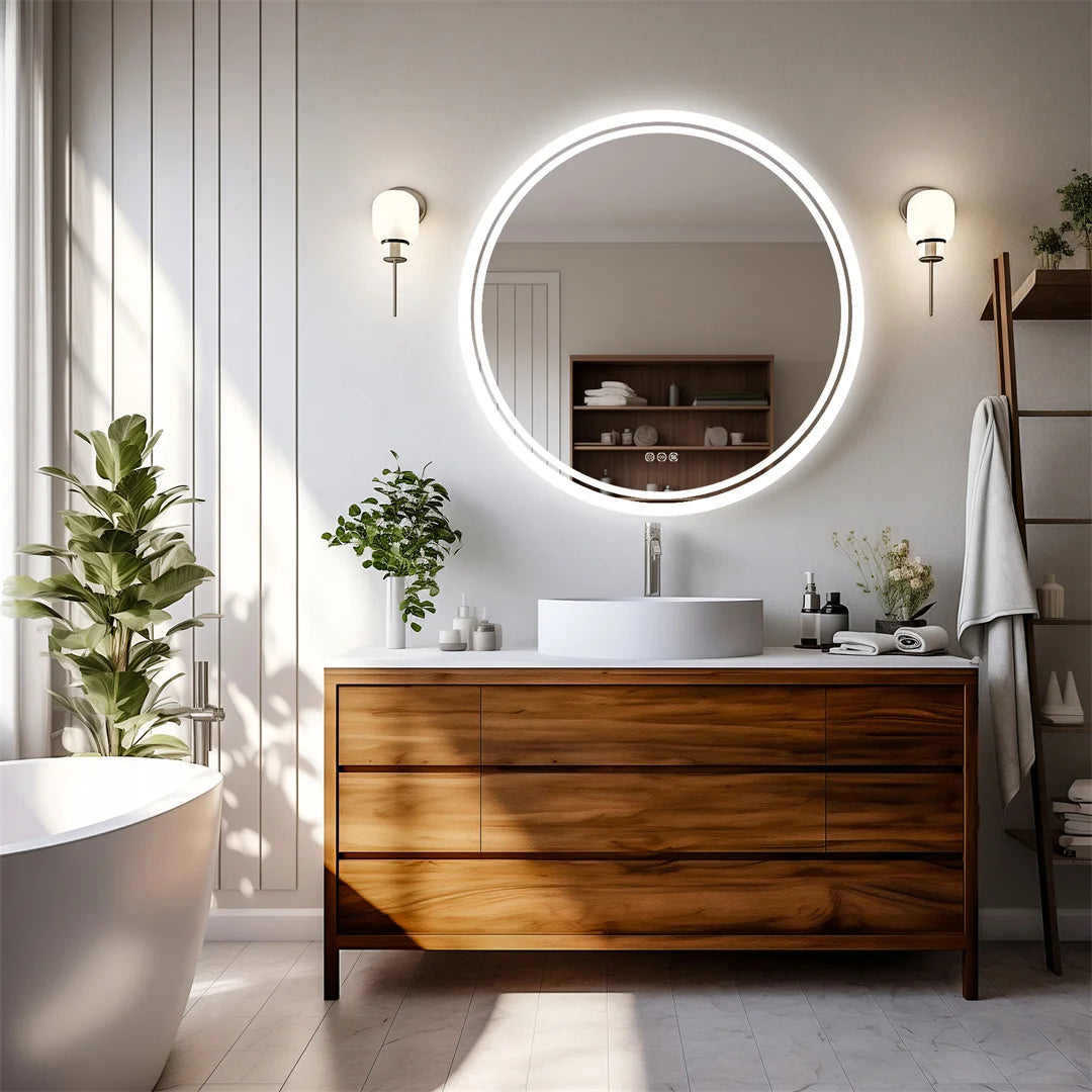 Large round LUVODI LED illuminated bathroom mirror with touch control, anti-fog feature, smart lighting, and adjustable brightness.
