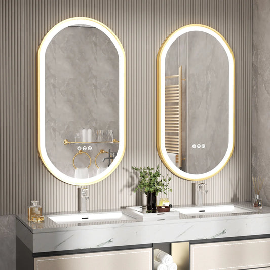 Large oval LED bathroom mirror by WinniShop, illuminated, wall-mounted with adjustable brightness and anti-fog memory frame.