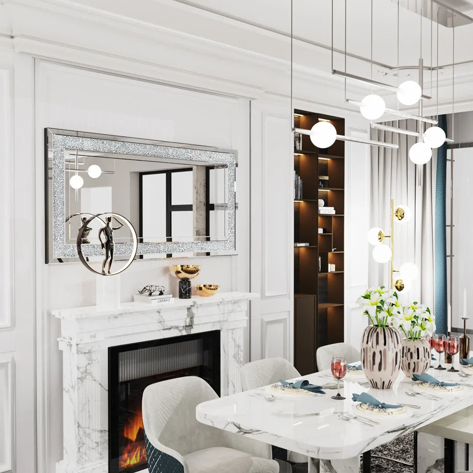 Large wall-mounted LUVODI frameless mirror with sparkling faux crystal diamonds, ideal for home or hotel decor.