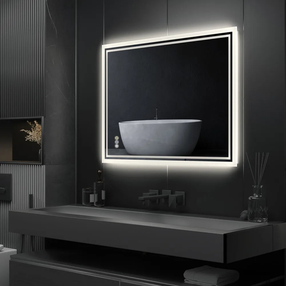 LED illuminated, frameless bathroom mirror with defogger and adjustable brightness, ideal for shower, grooming, and bathroom use.