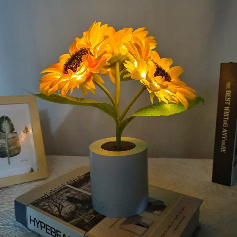Rechargeable LED sunflower night light by WinniHouse, showcasing a bright, decorative solar-powered lamp with sunflower design.
