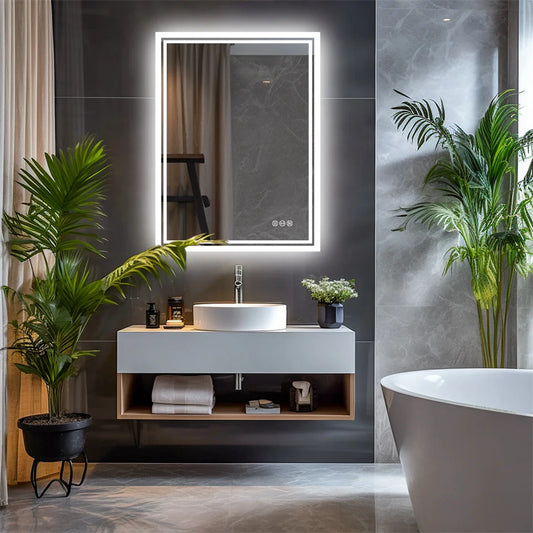 WinniShop LED backlit bathroom mirror with defog feature, frameless, adjustable brightness for shower, shaving, and bathroom use