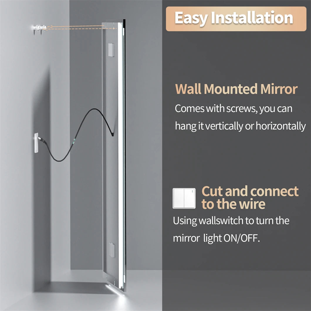 LED smart bathroom mirror with Bluetooth and anti-fog, wall-mounted by WinniHouse, featuring a sleek, modern design with integrated lighting.