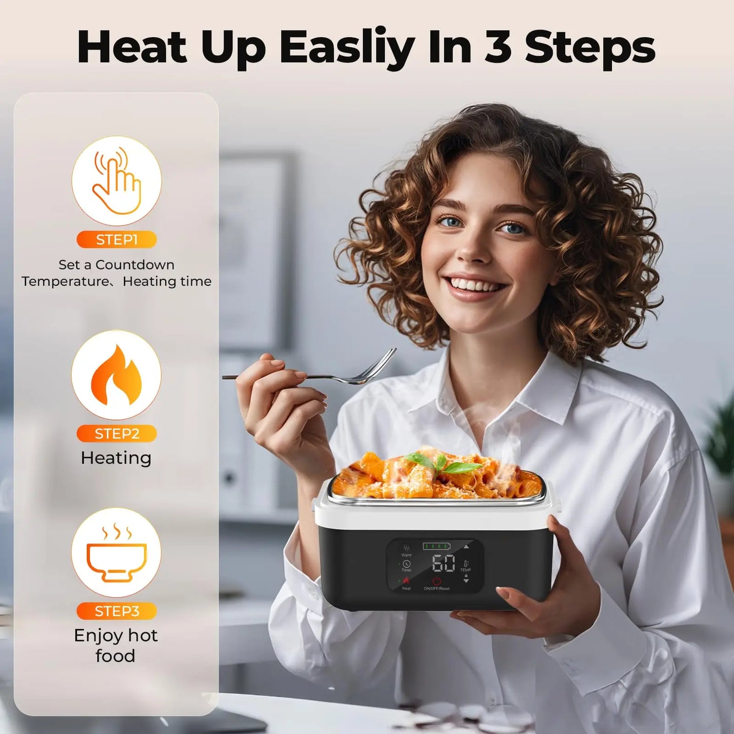 Wireless electric insulated lunch box by WinniHouse with sleek design and secure lid for portable food storage.