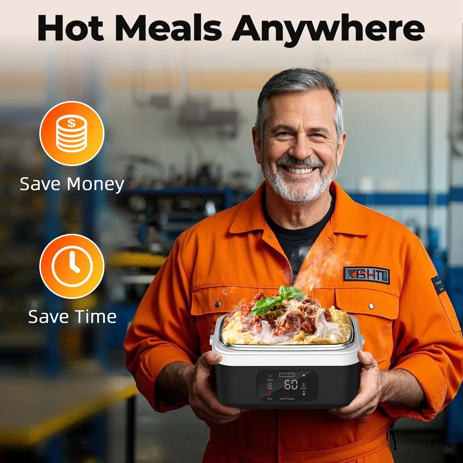 Wireless electric insulated lunch box by WinniHouse, showing a sleek portable food container with a transparent lid and electric heating feature.