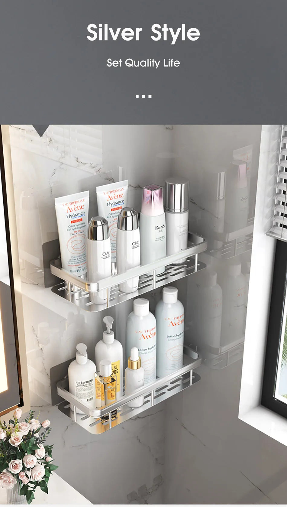 Wall-mounted bathroom storage shelf by WinniHouse, shower organizer for shampoo bottles and bathroom accessories.