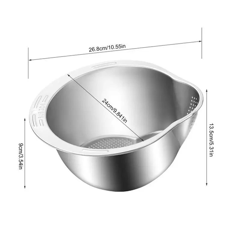 WinniHouse stainless steel rice washing bowl with strainer, multi-purpose kitchen tool for rinsing rice, fruits, and vegetables.