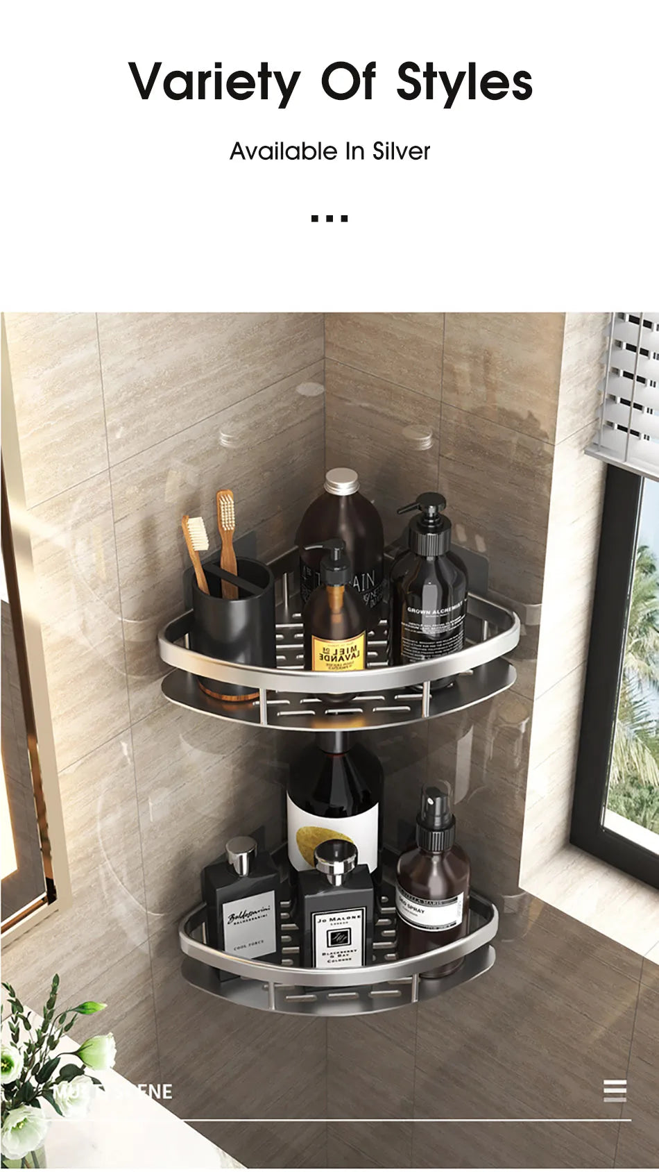 Wall-mounted bathroom storage shelf by WinniHouse, ideal for shower organization, holding shampoo and bathroom accessories.