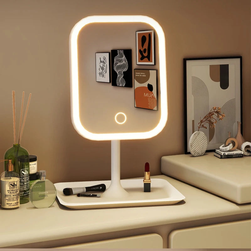 LED touch makeup mirror with 3 light temperature settings and rechargeable battery, showing a sleek, modern design.