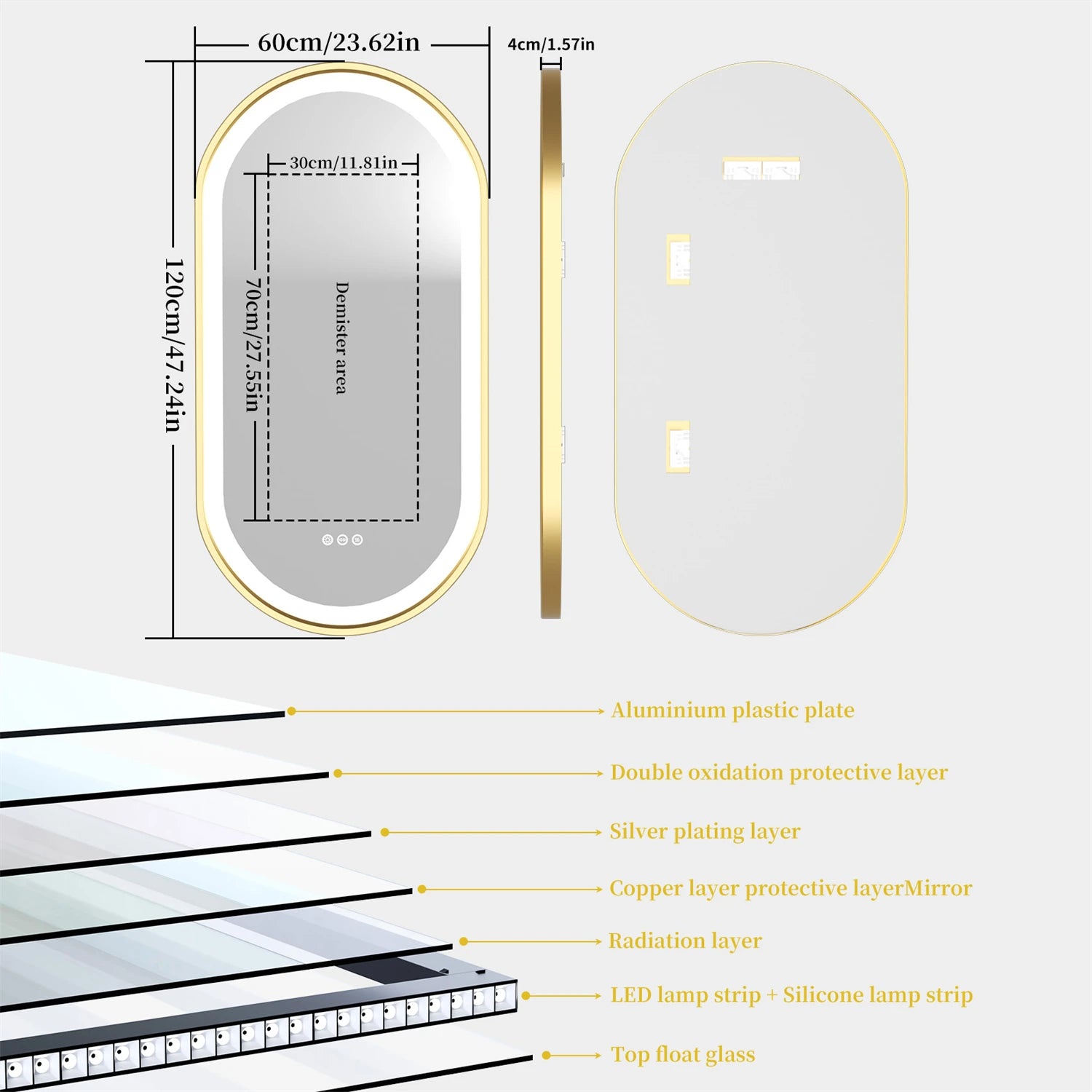 Oval bathroom mirror with gold frame, illuminated LED makeup mirror, anti-fog, smart touch, and adjustable lighting by WinniShop.