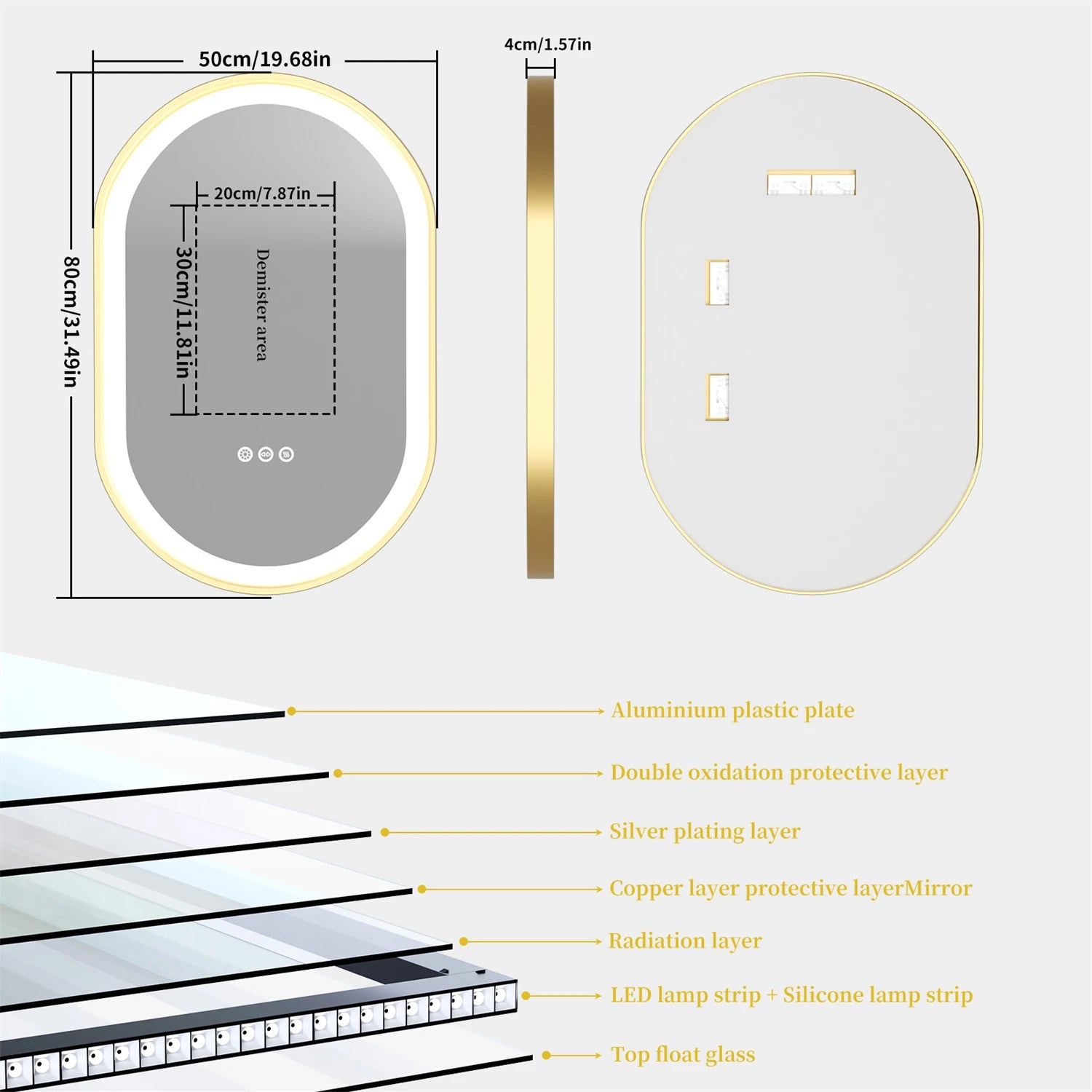 Oval bathroom mirror with gold frame, illuminated LED touch mirror, anti-fog, and adjustable lighting for makeup and grooming.
