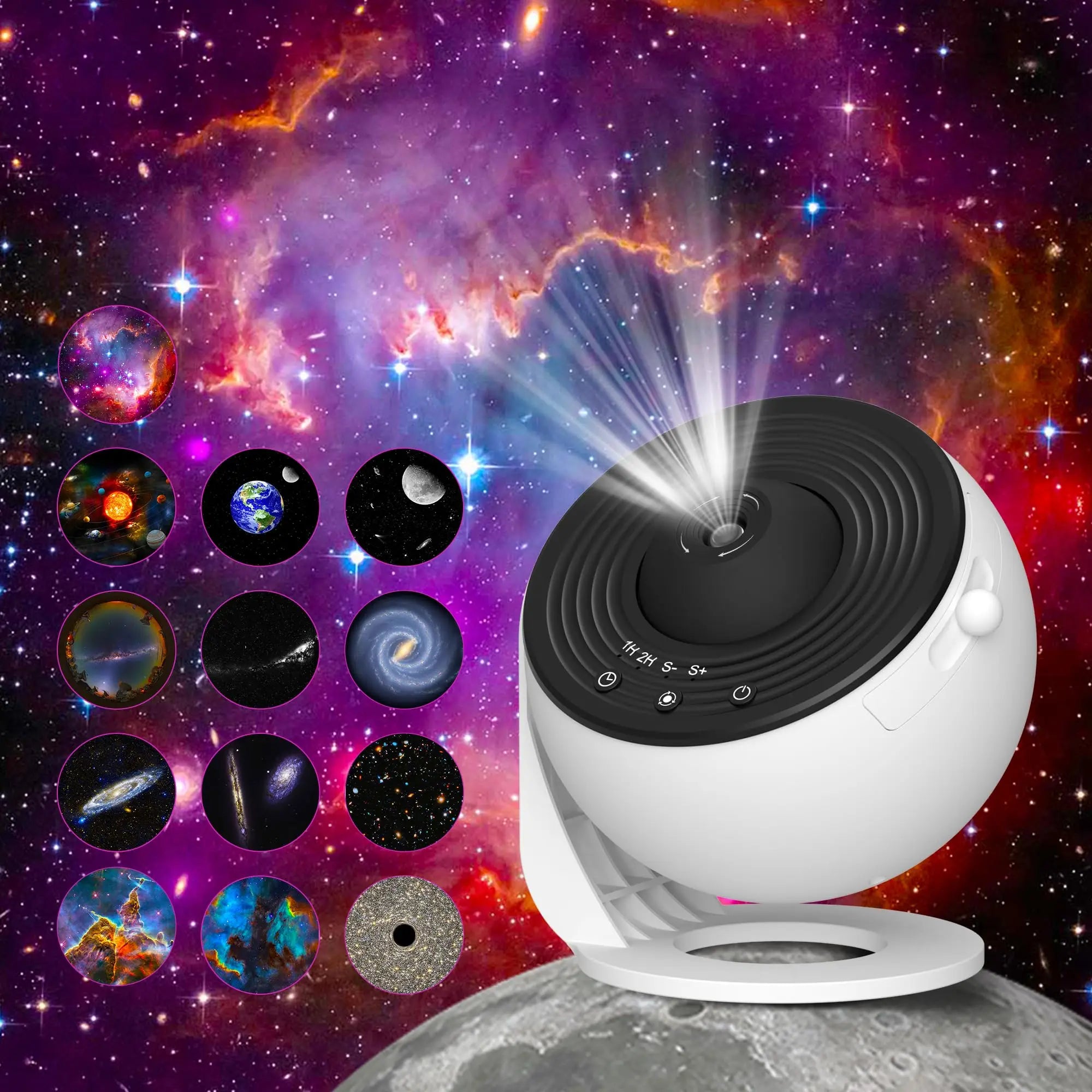 WinniHouse galaxy night light projector showing star and planet patterns with 360° rotation in a dark room.