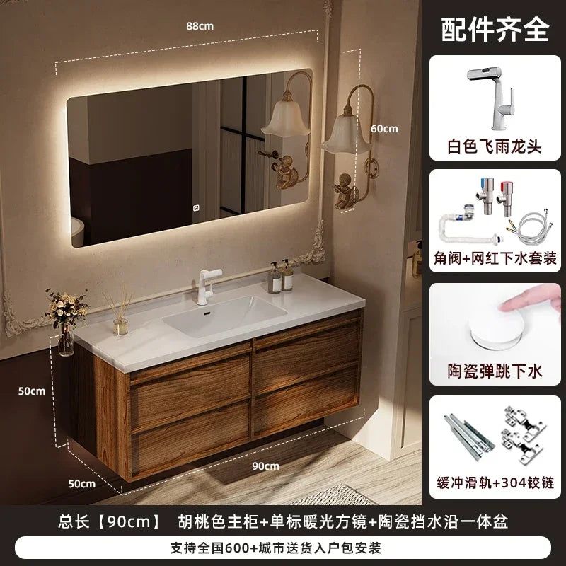 Solid wood vintage bathroom cabinet with sink, storage drawers, and toilet separator, designed for stylish bathroom organization.