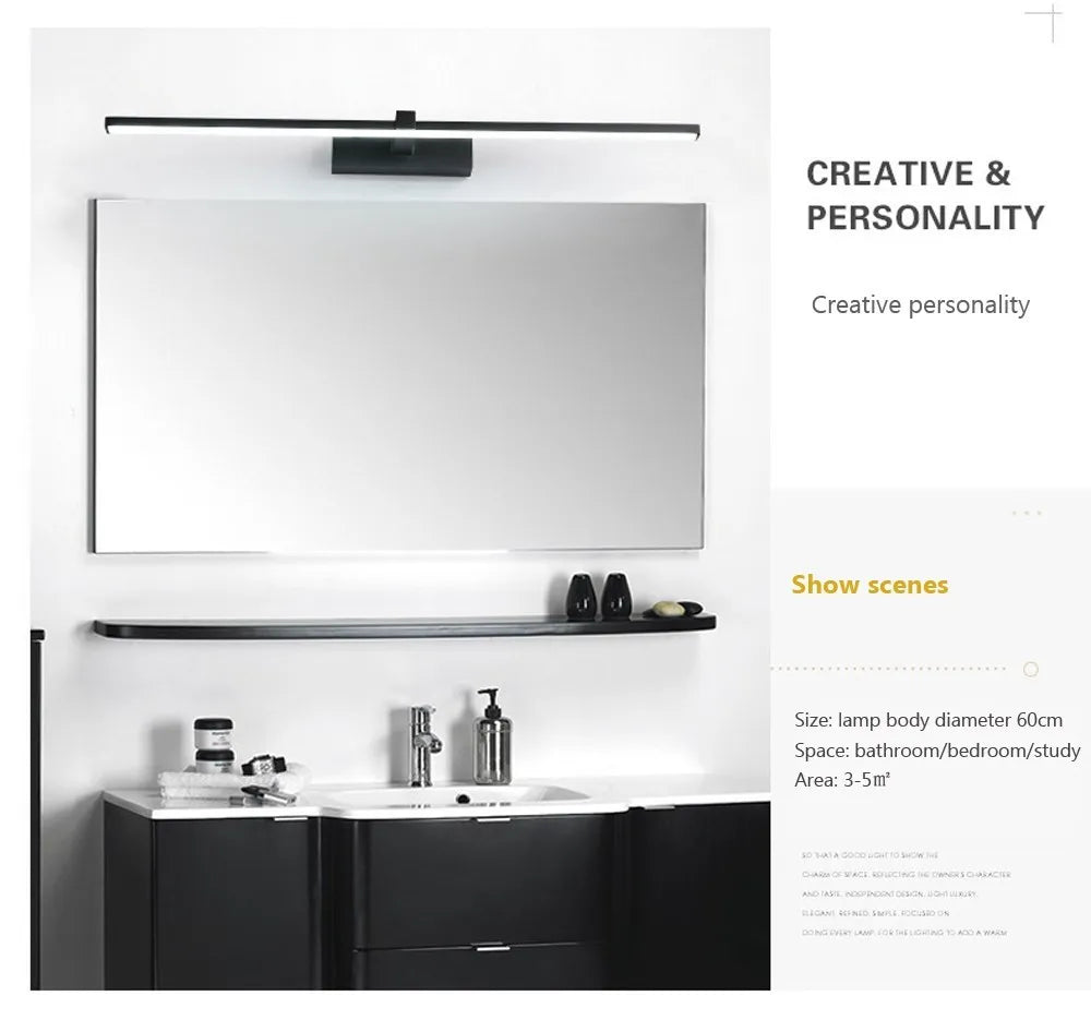 Modern white and black waterproof LED wall light for bathroom mirror, ideal for interior illumination and makeup application.