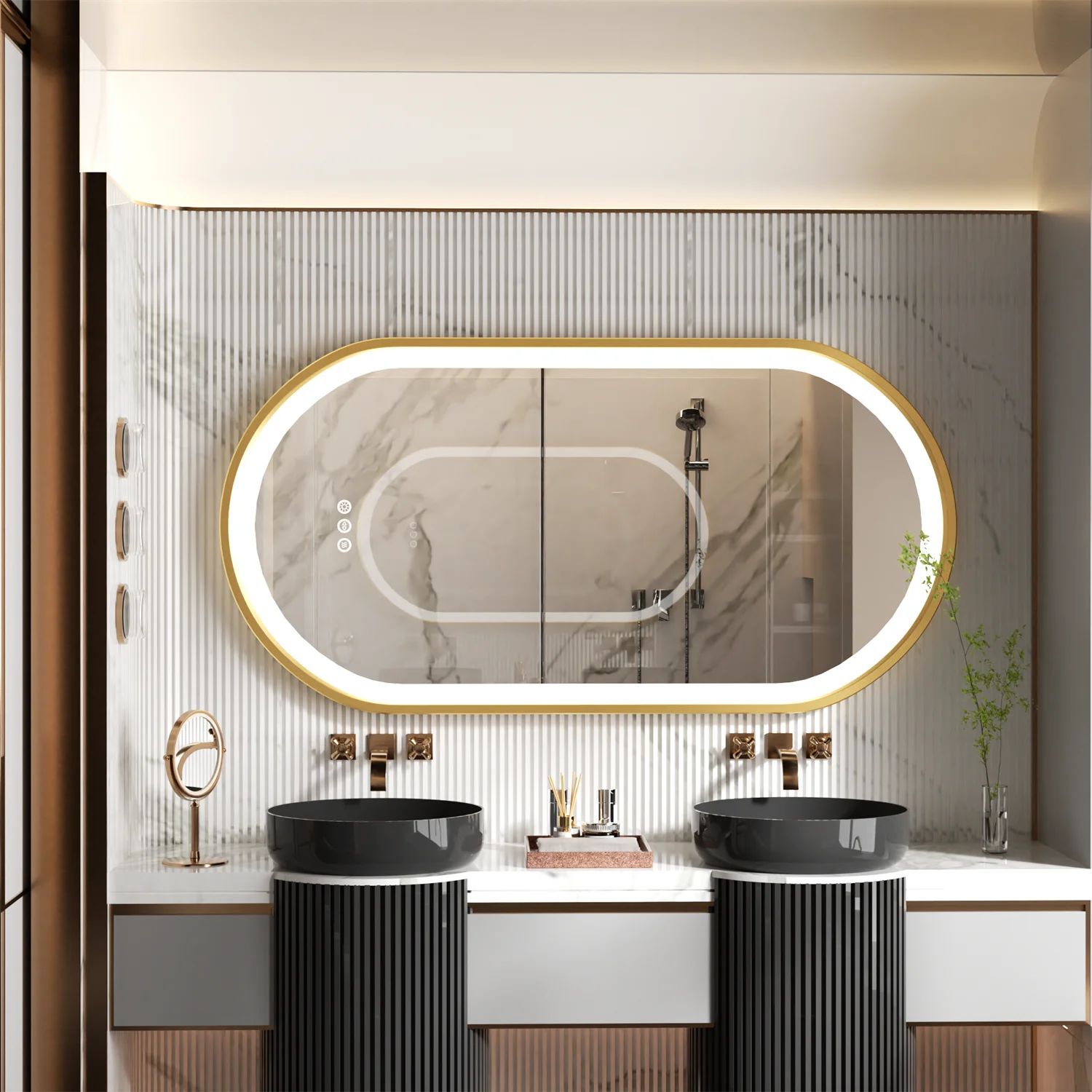 Oval bathroom mirror with gold frame, illuminated LED vanity mirror with anti-fog feature and adjustable lighting by WinniShop