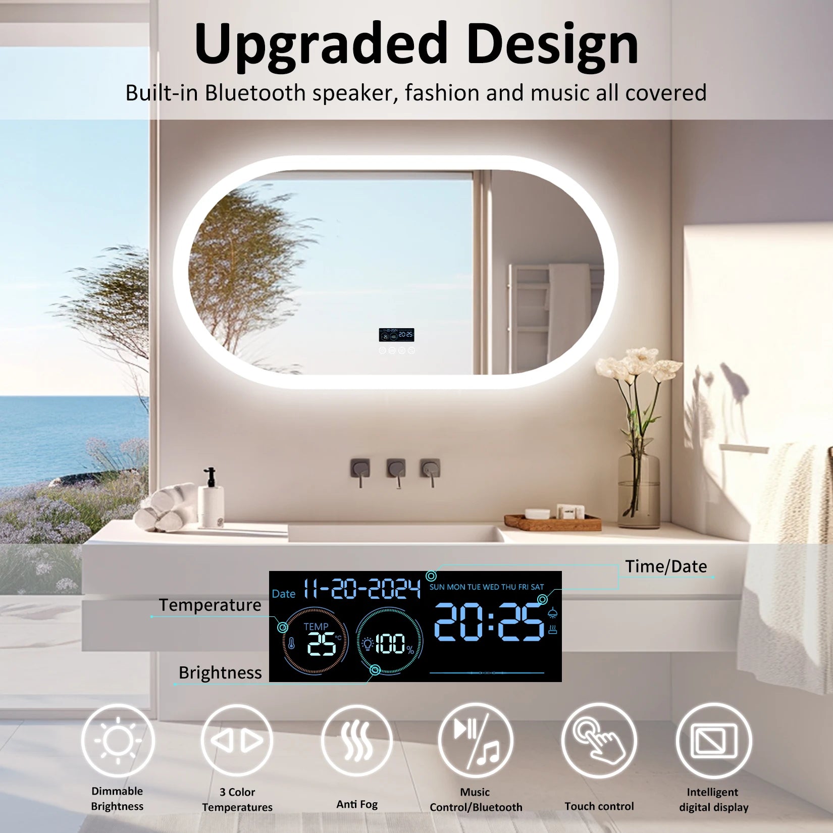 LED oval bathroom mirror with Bluetooth speaker, digital display, wall-mounted design, ideal for makeup and grooming.