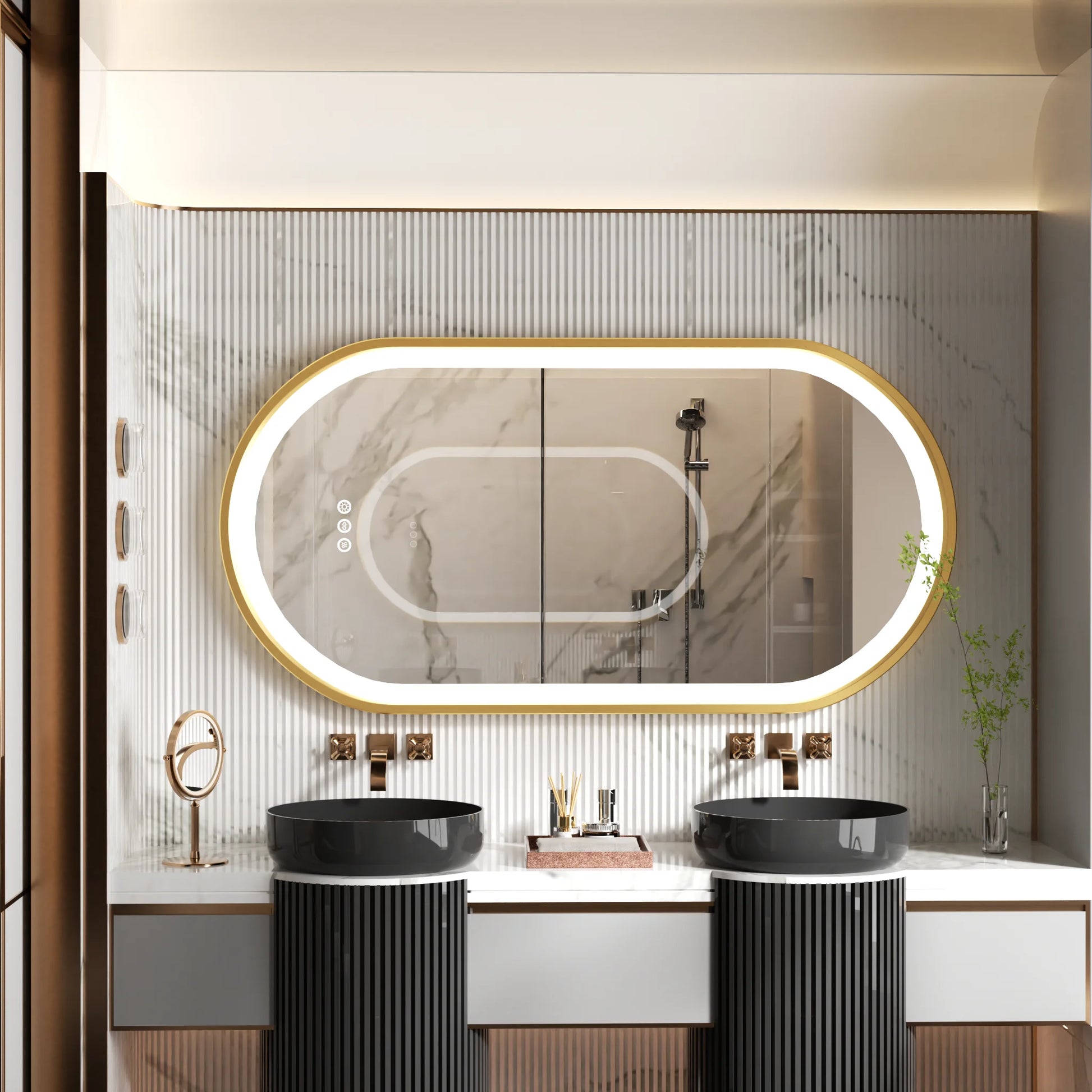 Large oval LED bathroom mirror with anti-fog memory frame, wall-mounted illuminated makeup mirror, adjustable brightness, WinniShop.