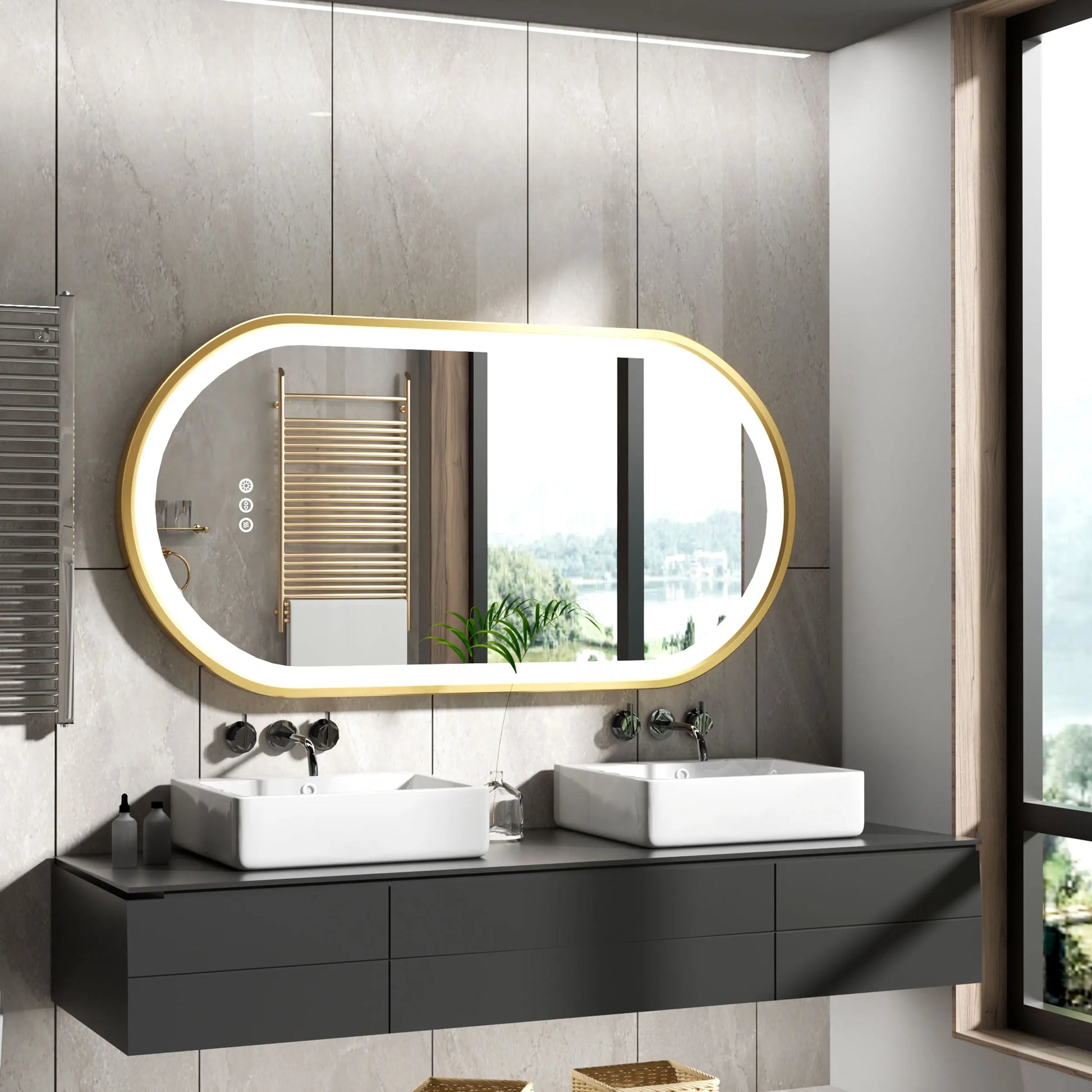 Large oval LED bathroom mirror with adjustable lighting, wall-mounted, anti-fog, and memory frame for vanity use by WinniShop.