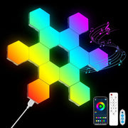 Hexagonal RGB LED light with Bluetooth from WinniHouse, showcasing colorful illuminated panels and Bluetooth control features.