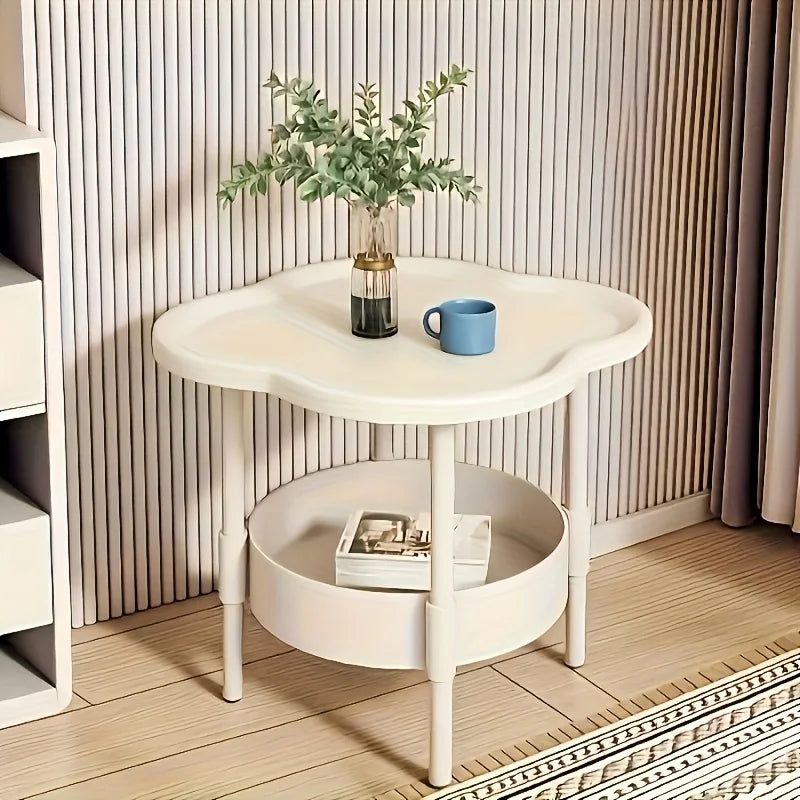 Elegant round modern side table by WinniShop with storage shelf, lightweight design for living room or bedroom use.