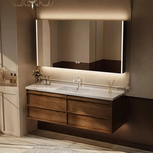 Solid wood vintage bathroom cabinet with sink, storage drawers, and toilet separator, ideal for bathroom organization.