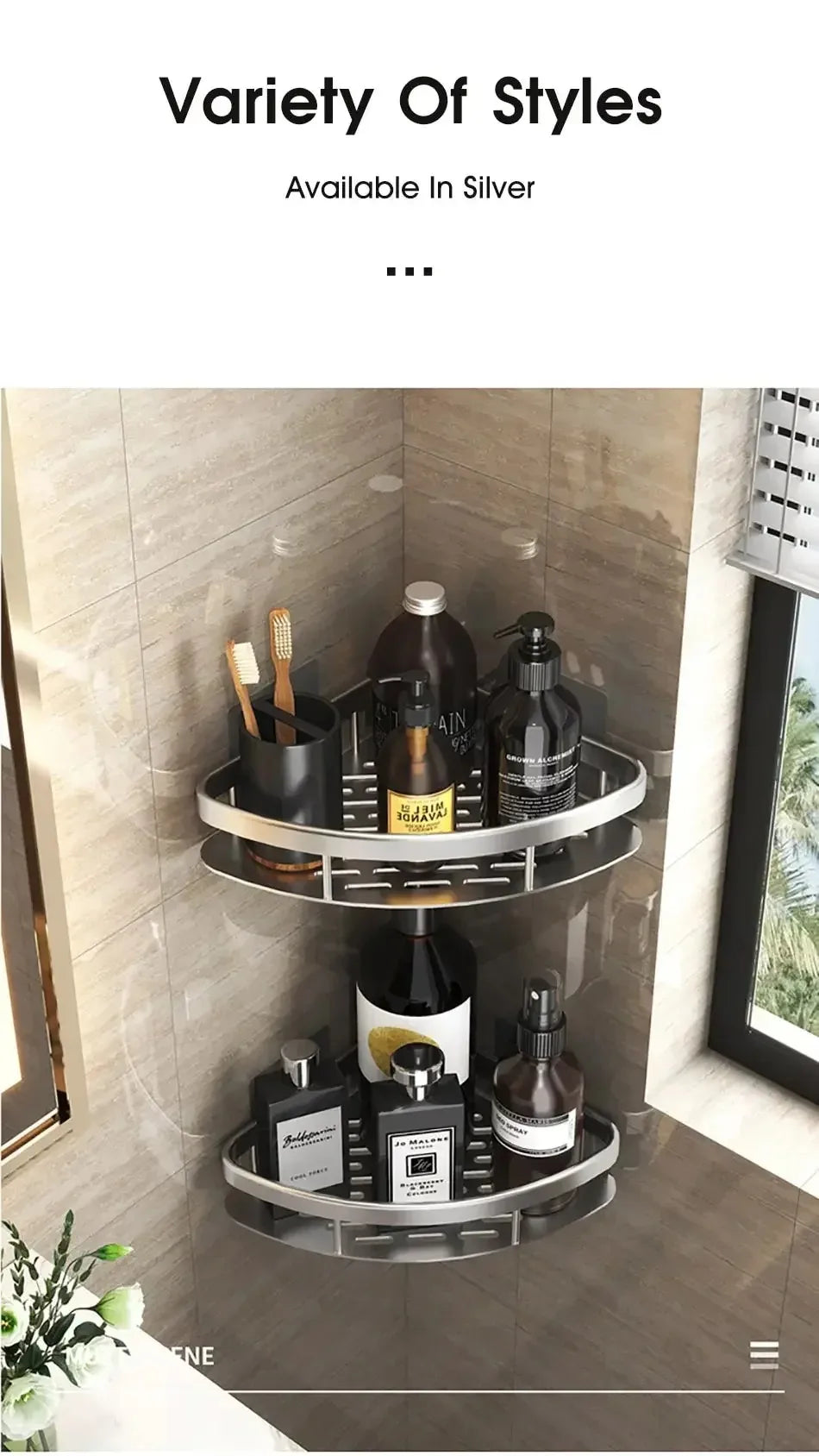 WinniHouse corner bathroom organizer with adhesive mount, wall shelf and shower caddy for storage and drying.