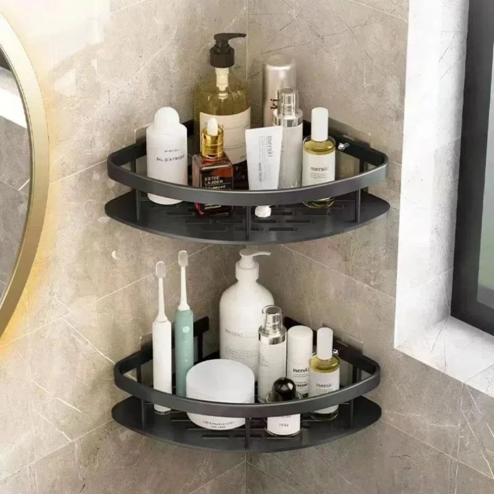 WinniHouse corner bathroom storage organizer with adhesive, wall-mounted shower shelf, includes drainage for bathroom organization.