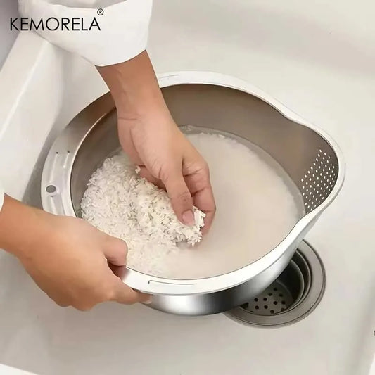 WinniHouse stainless steel rice washing bowl with fine mesh colander for washing rice, fruits, and vegetables in the kitchen.