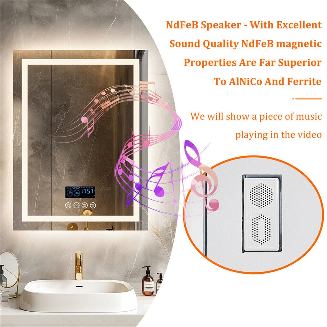 Rectangular LED smart bathroom mirror with Bluetooth speaker, anti-fog, backlit, and built-in clock and temperature display.