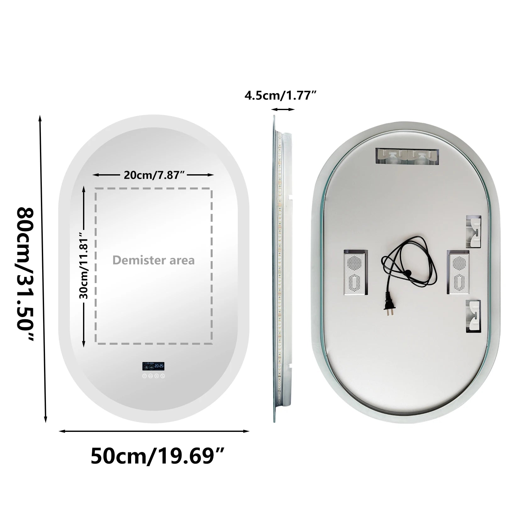 Oval LED bathroom mirror with Bluetooth speaker, digital display, wall-mounted design, and smart makeup features.