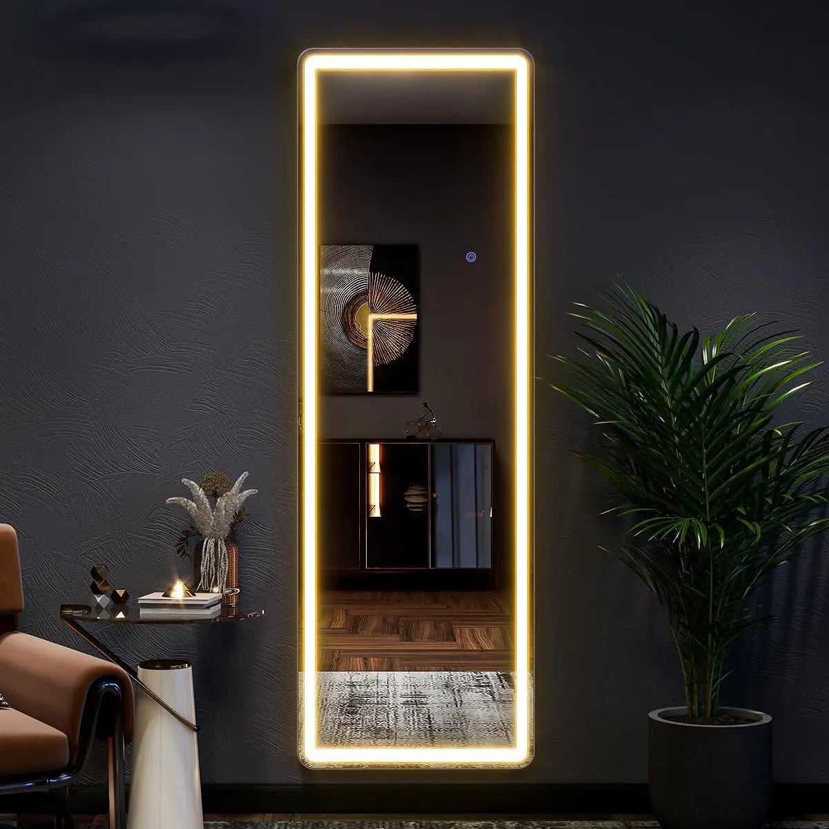 Full-body LED mirror by WinniHouse with adjustable lighting and three color temperature options, measuring 63x20 inches.