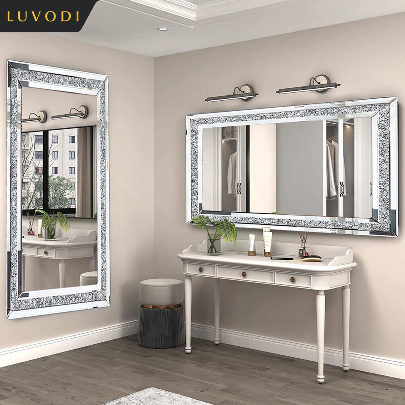 Large wall-mounted LUVODI frameless vanity mirror with sparkling crystal-like accents, perfect for home or hotel decor.