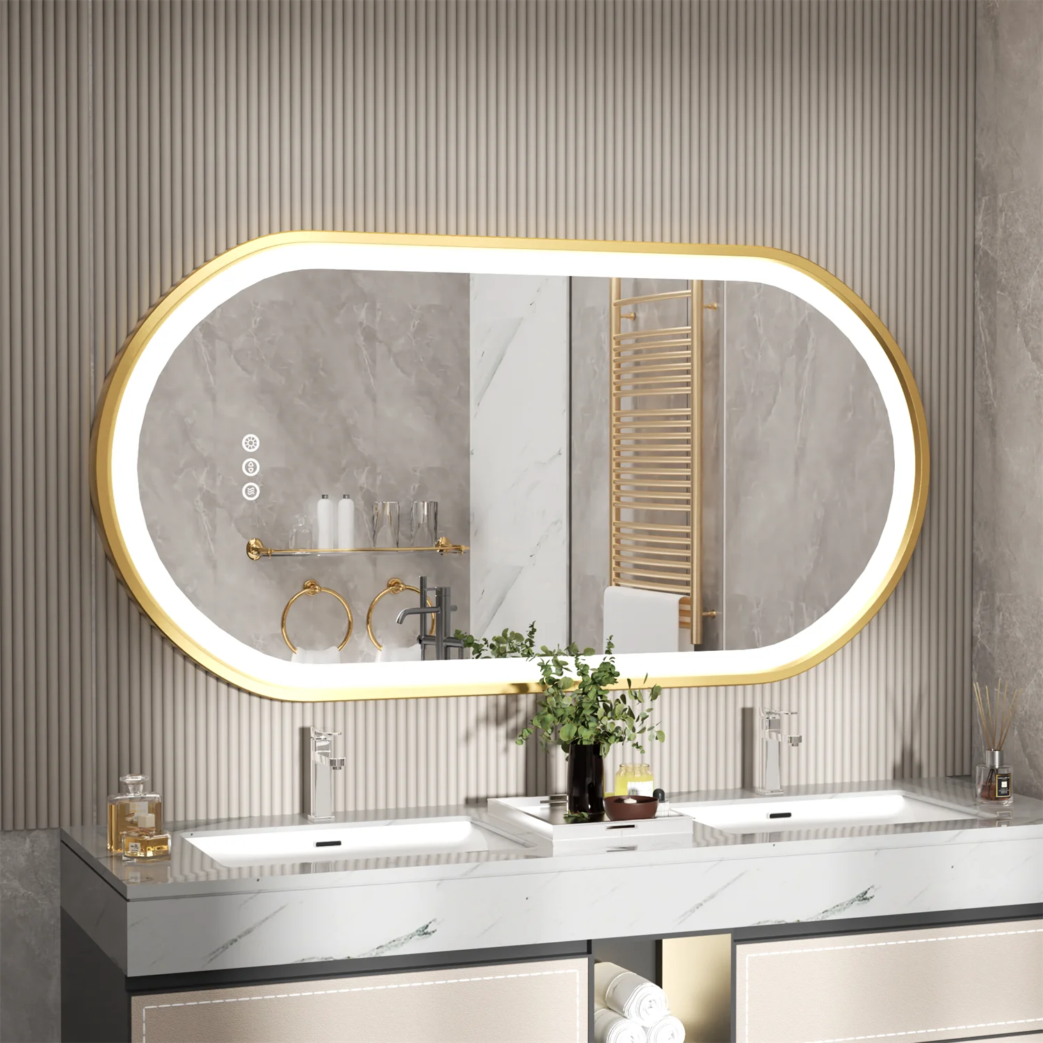 Oval bathroom mirror with gold frame, LED lighting, anti-fog, smart touch control, and illuminated makeup mirror by WinniShop.