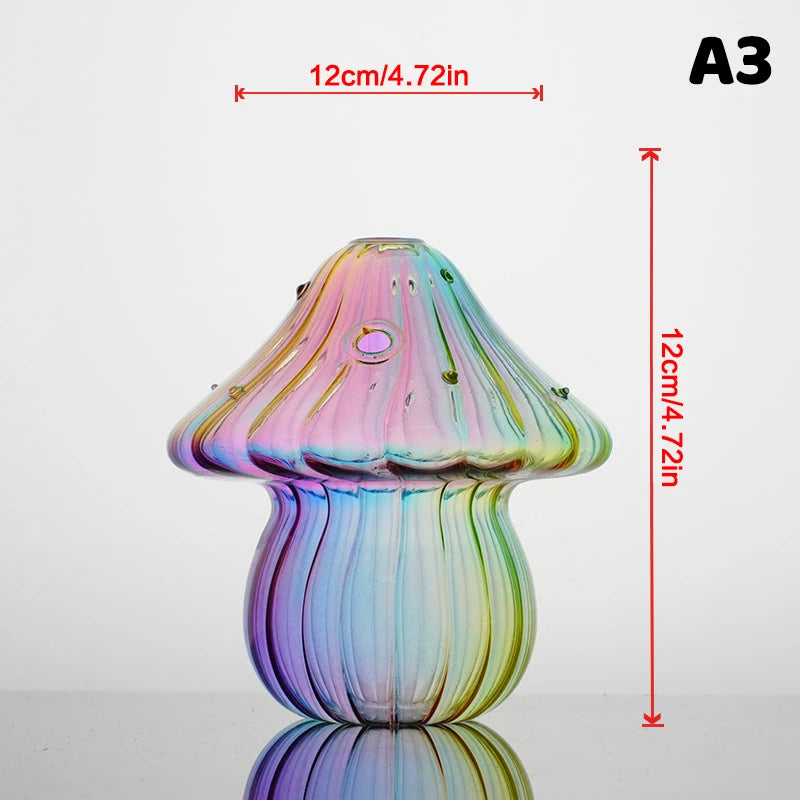 Colorful glass mushroom-shaped vase by WinniHouse with vibrant, translucent design perfect for decorative floral arrangements.