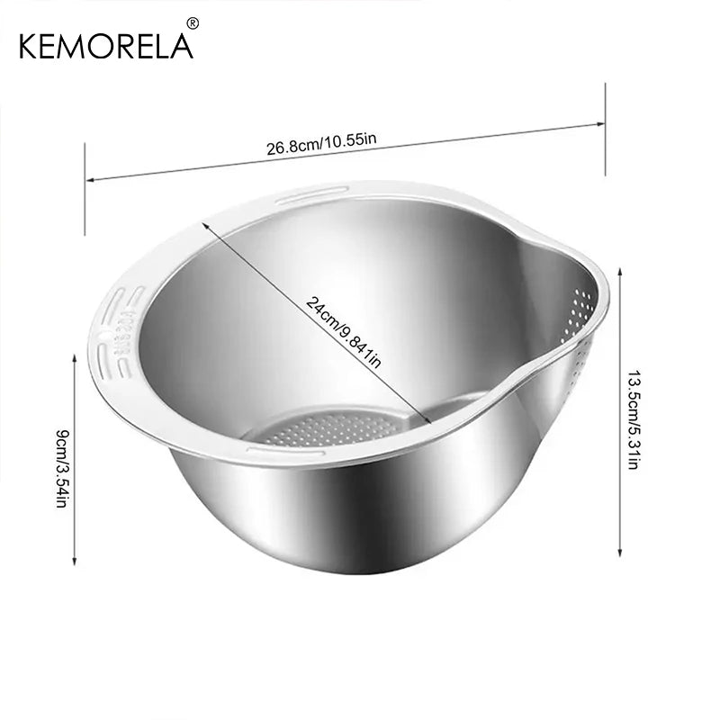 Stainless steel rice washing bowl and strainer by WinniHouse, ideal for rinsing rice, fruits, and vegetables in the kitchen.