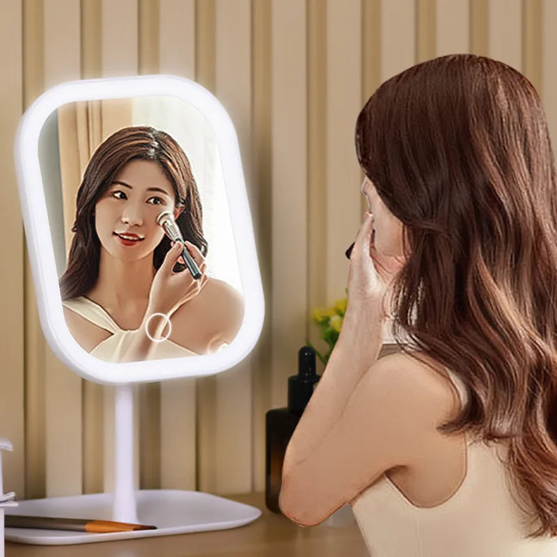 WinniHouse LED makeup mirror with touch control, three light temperatures, and rechargeable battery, showing a sleek, modern design.