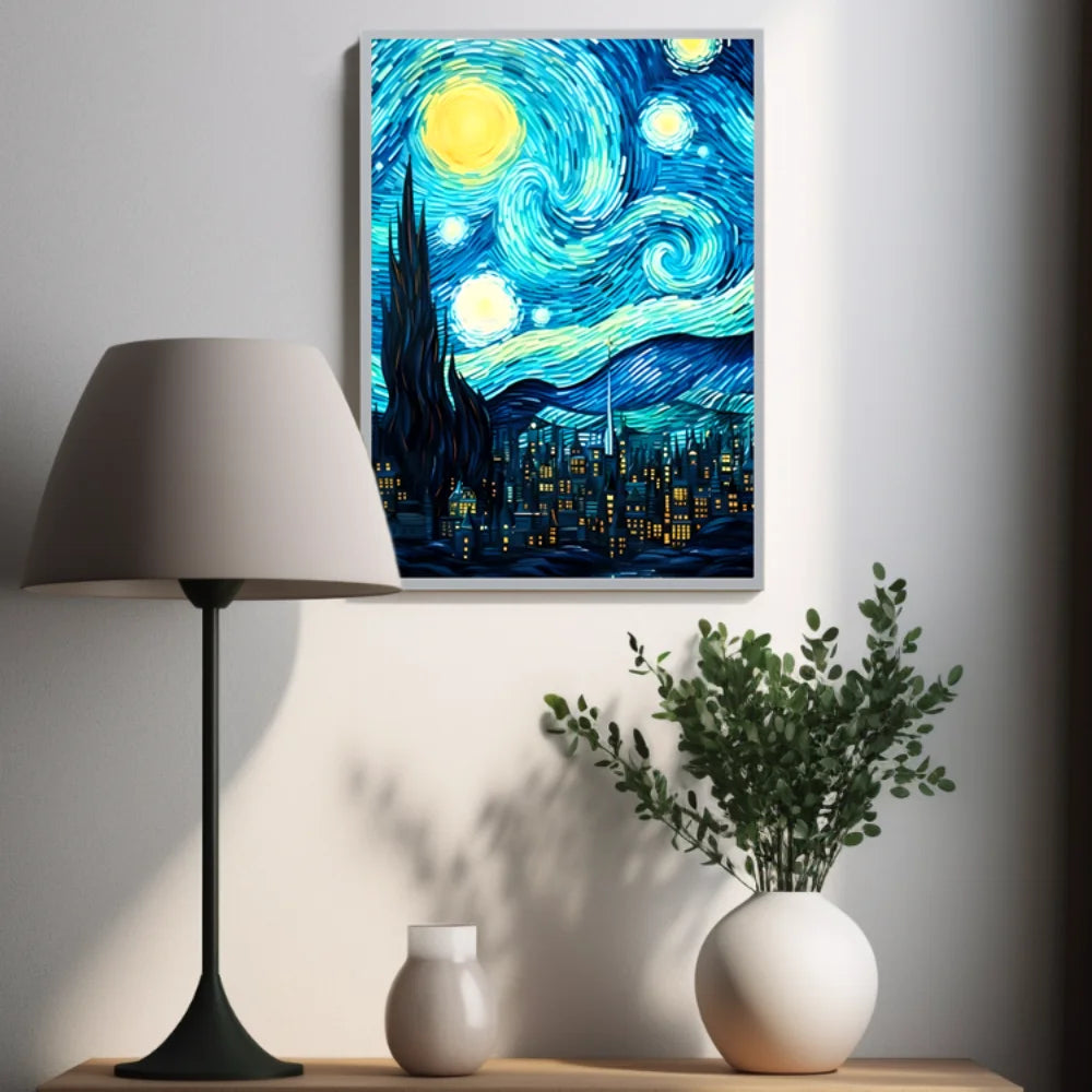 Starry night LED art night light by WinniHouse featuring a Van Gogh-inspired starry sky design on a sleek surface.