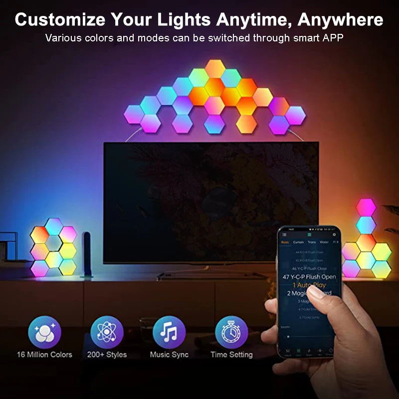 Hexagonal RGB LED light with Bluetooth from WinniHouse, showing colorful illuminated panel with touch controls and Bluetooth connectivity