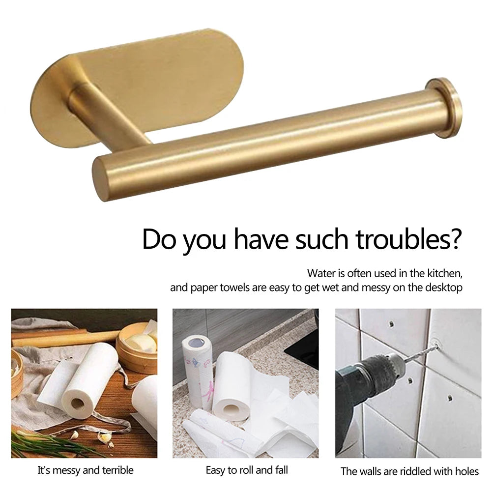 WinniHouse stainless steel wall-mounted toilet paper holder with adhesive backing, bathroom organizer, no drilling required