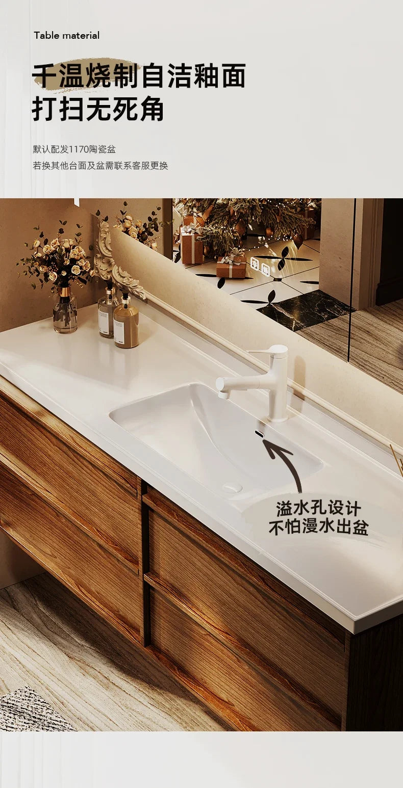 Solid wood vintage bathroom cabinet with sink and toilet separator, storage drawers, in a rustic style.