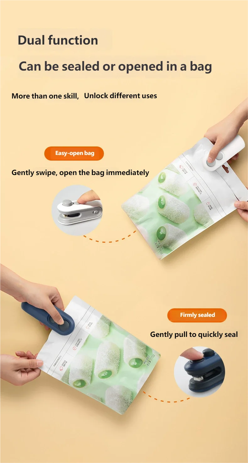 Portable WinniShop HOMEFISH mini USB rechargeable food sealer with clip and storage bag, ideal for sealing plastic food bags.