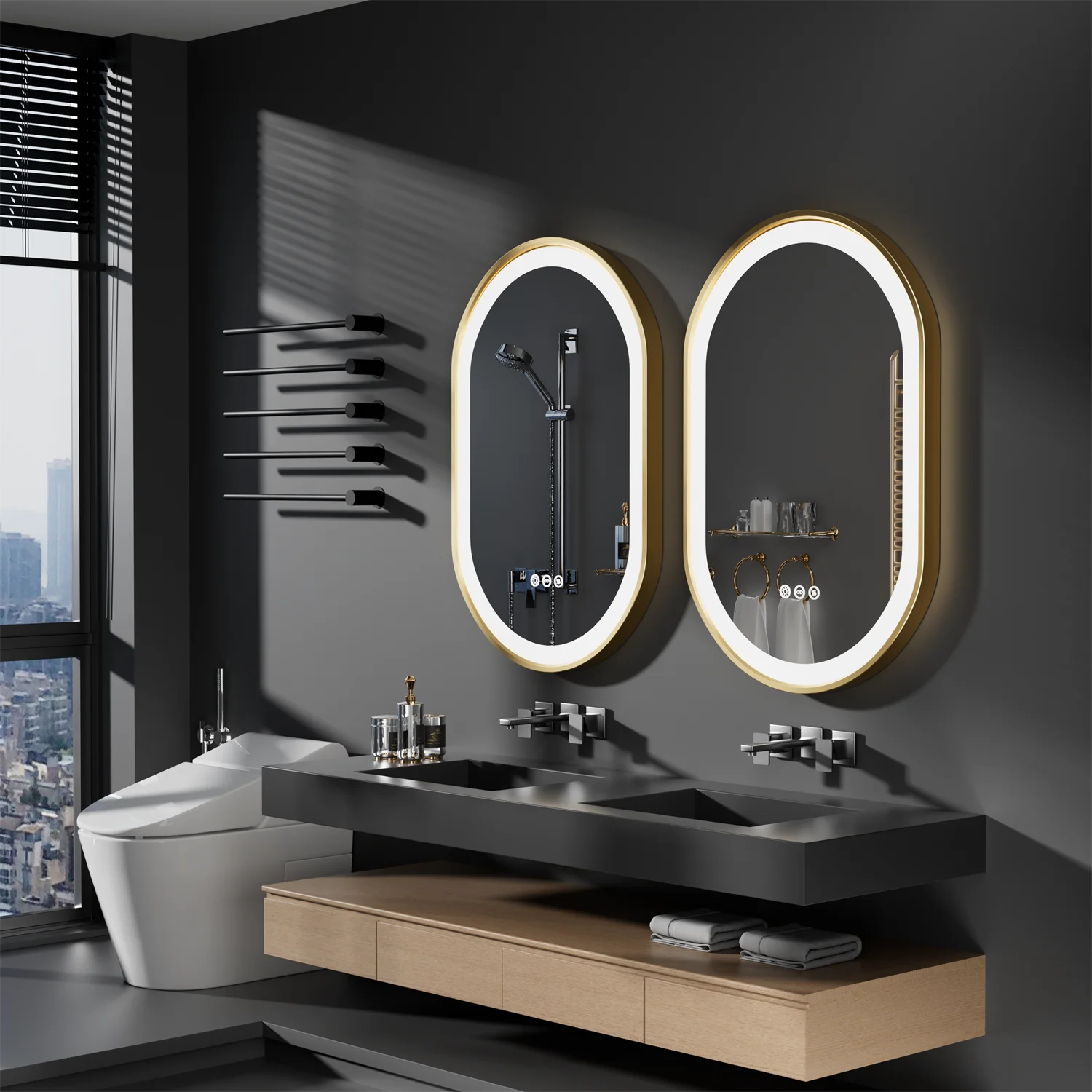 Oval bathroom mirror with gold frame, LED lighting, anti-fog feature, and smart touch controls for makeup and grooming.