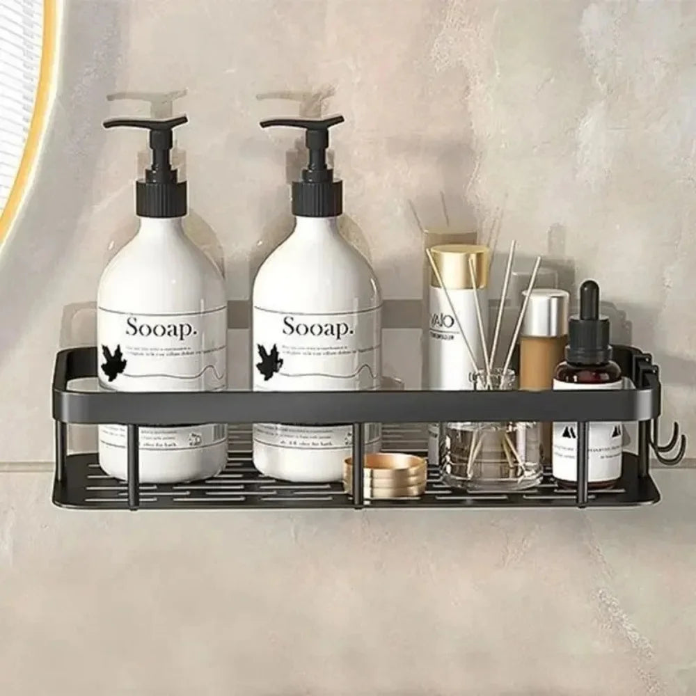 WinniHouse corner bathroom storage organizer with adhesive mount, wall-mounted shower shelf and drying rack for bathroom.