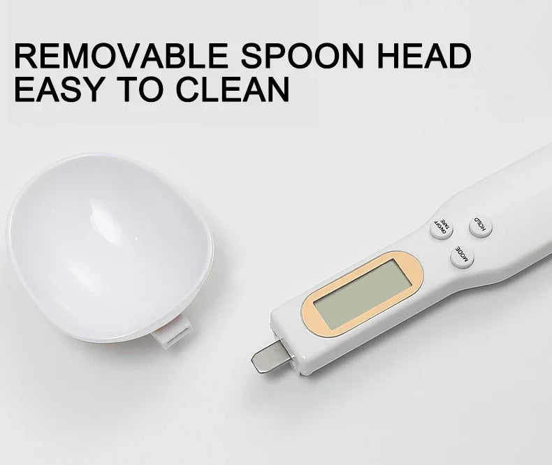 Digital 500g precision kitchen scale with LCD display by WinniHouse, featuring a measuring spoon for accurate ingredient weighing.