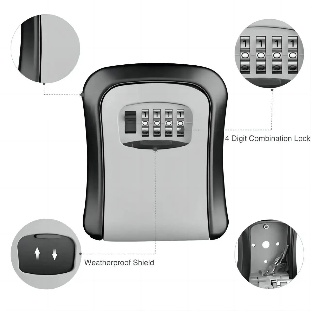 WinniHouse HEE RAK key lock box with 4-digit code, metal ABS casing, wall-mounted security storage for keys and valuables.